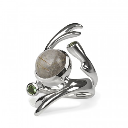 Freesia ring med Rutile quartz og grønne Tourmaliner 
